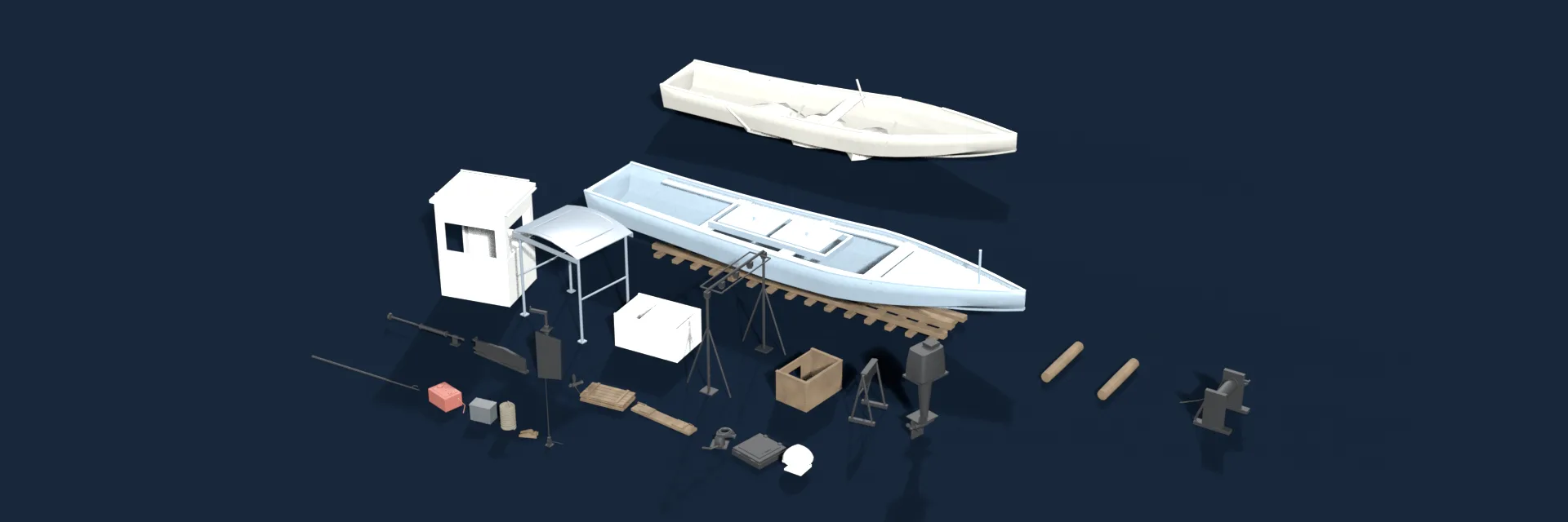 Coastal Boats Pack — Small fishing boat hulls at four lengths, from open to wheelhoused, sail-rigged and wrecked, with their fittings and beach-hauling gear.
