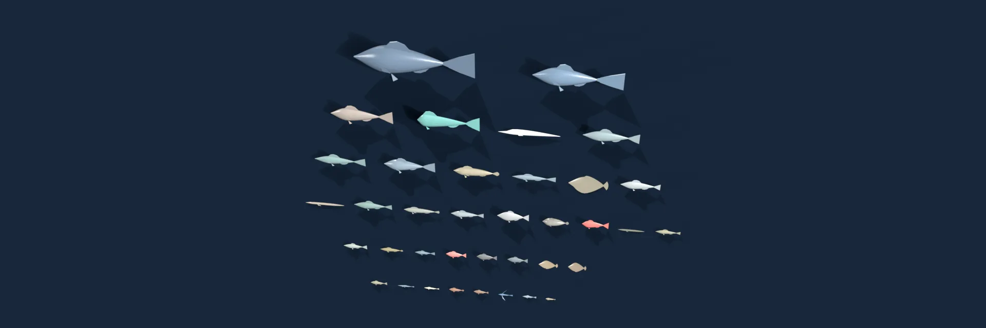 Fish and Catch Pack — Fish at their real lengths, plus the boxes, ice and drying racks they are landed in.