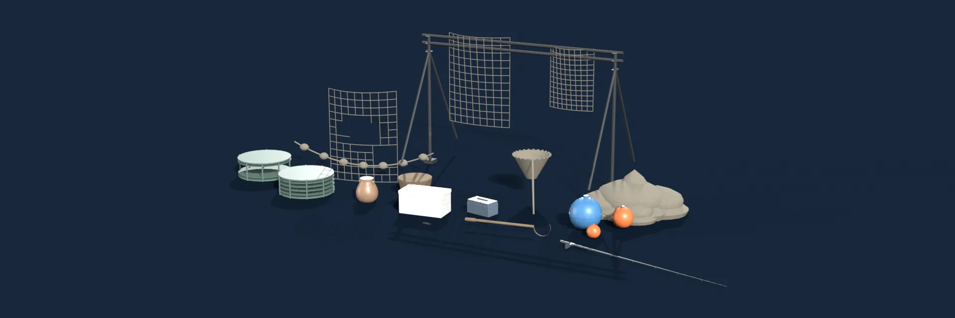 Fishing Gear Pack — Fishing gear for harbour and deck scenes: netting, pots, floats, tackle and the hand tools a net is mended with.