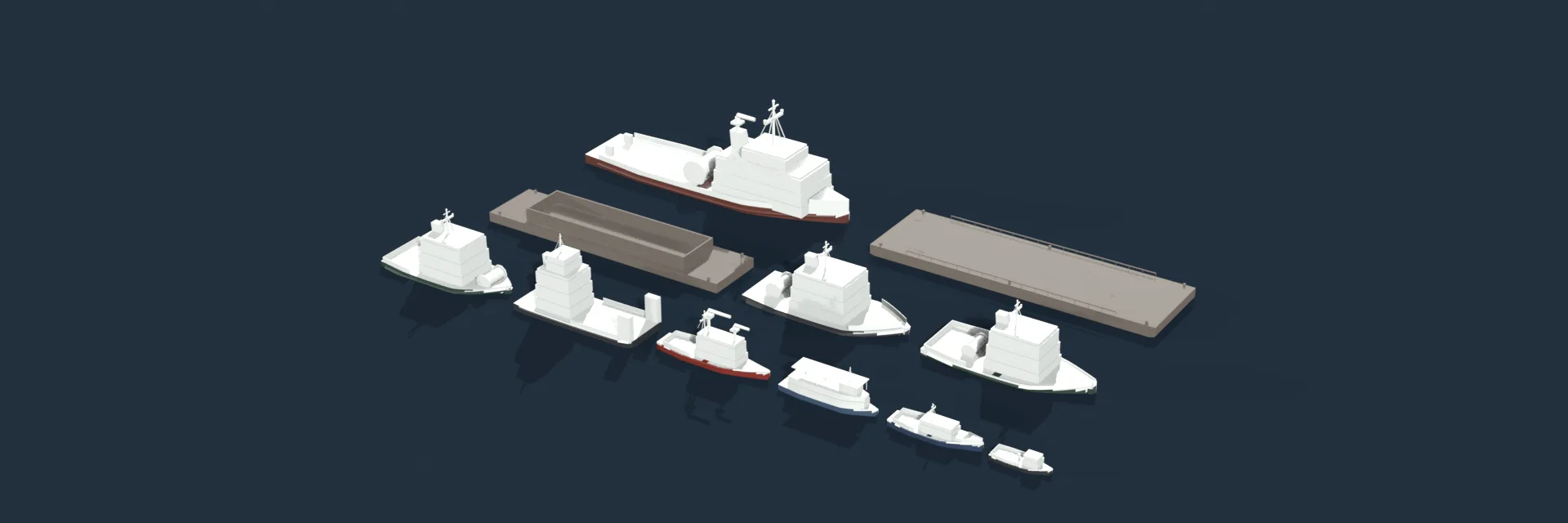 Harbour Vessels Pack — Harbour and ocean vessels from a personal watercraft to a 400 m container ship, and no two hulls in a family share the same proportions.